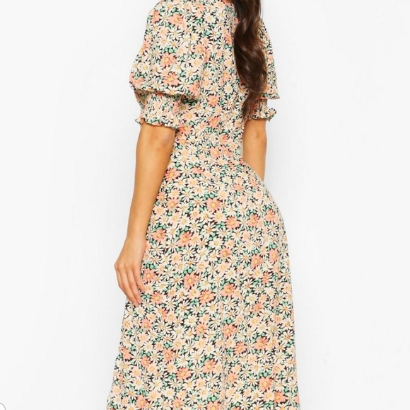 Floral Puff Sleeve Slit Front Midi Dress - Picture 3 of 10